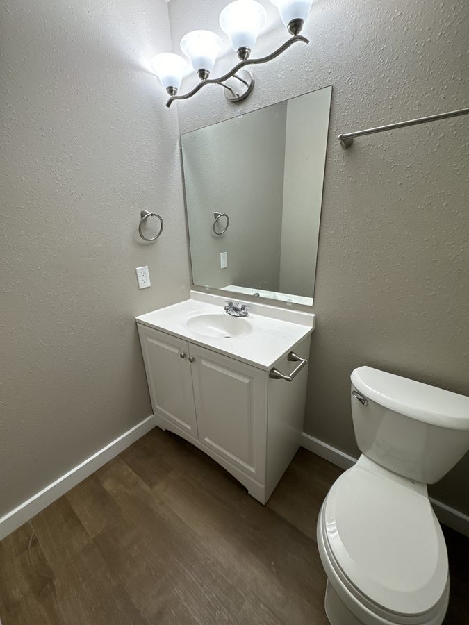 Bright bathroom with white vanity, pendant lights, fresh paint